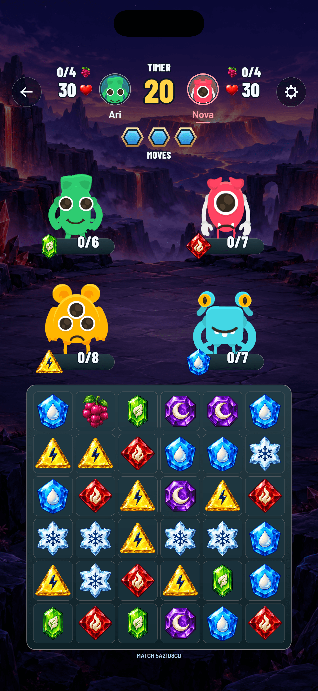 Gemmoki running on iOS: monster battles above a colorful gem-matching board