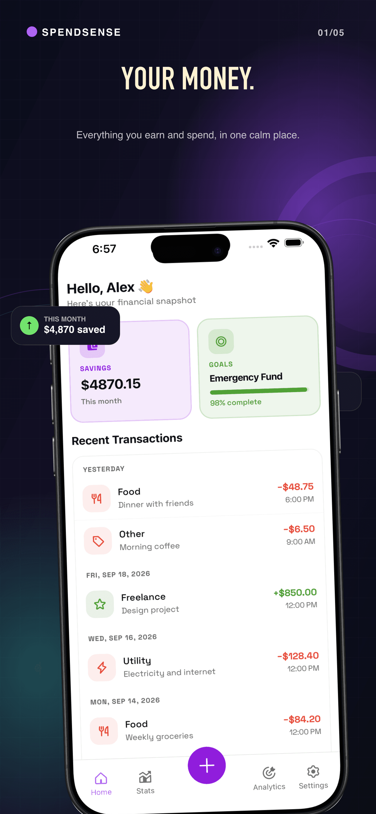 SpendSense's iPhone financial overview with sample transactions